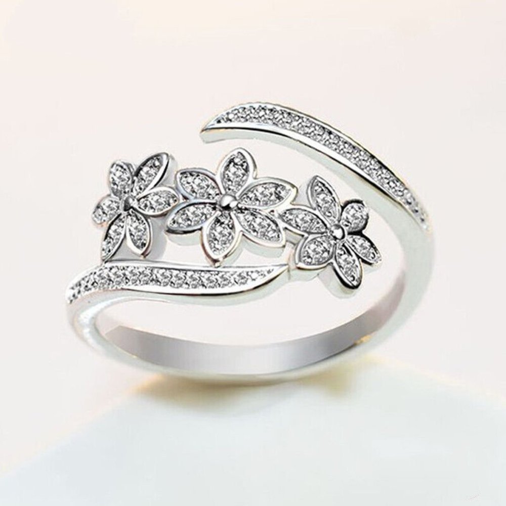 New Sterling Silver CZ Flower Open Ring - Picture 3 of 5